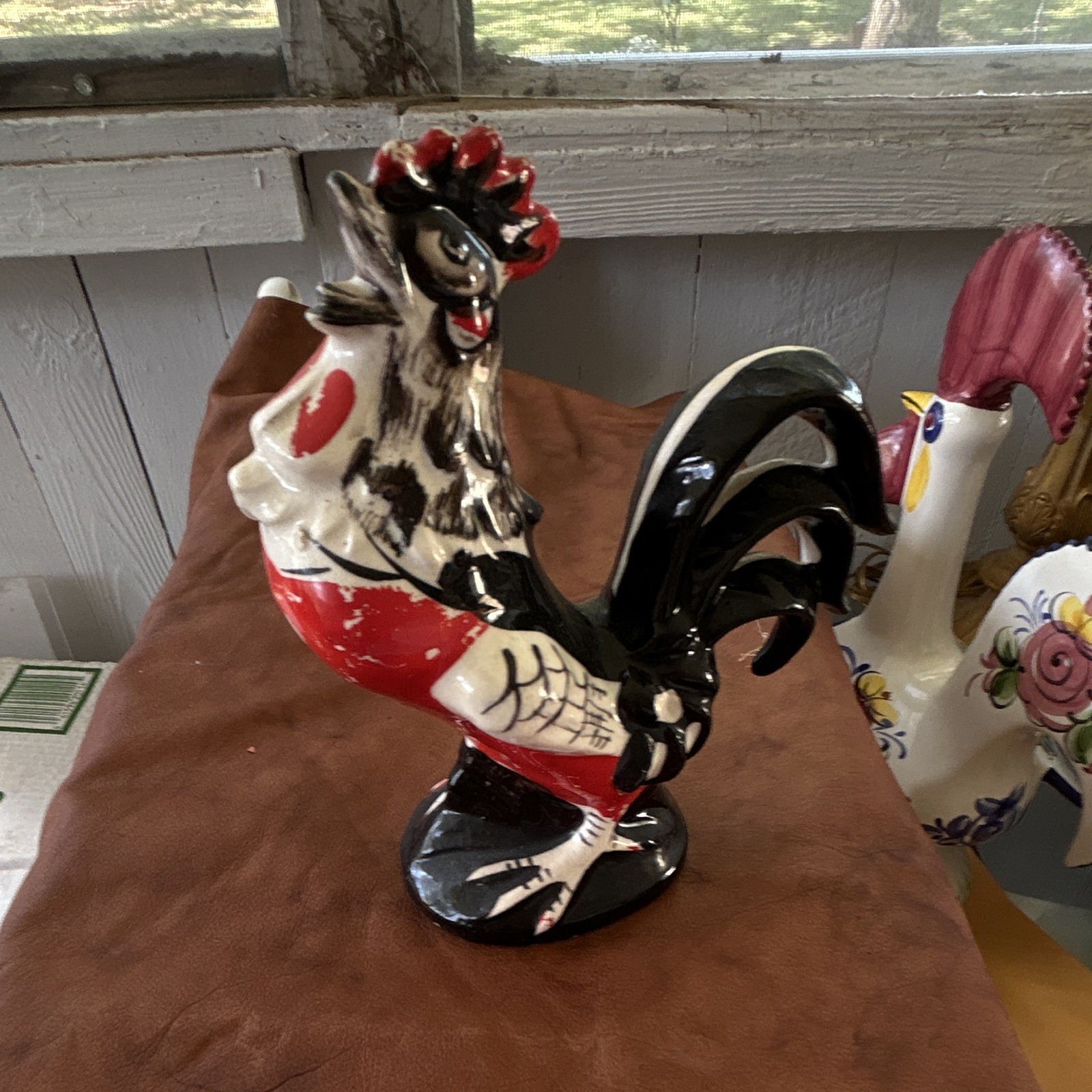 1960s Japan Marked Ceramic Rooster Chicken Figurine Red Black White 1960s Japan Marked Ceramic Rooster Chicken Figurine Red Black White