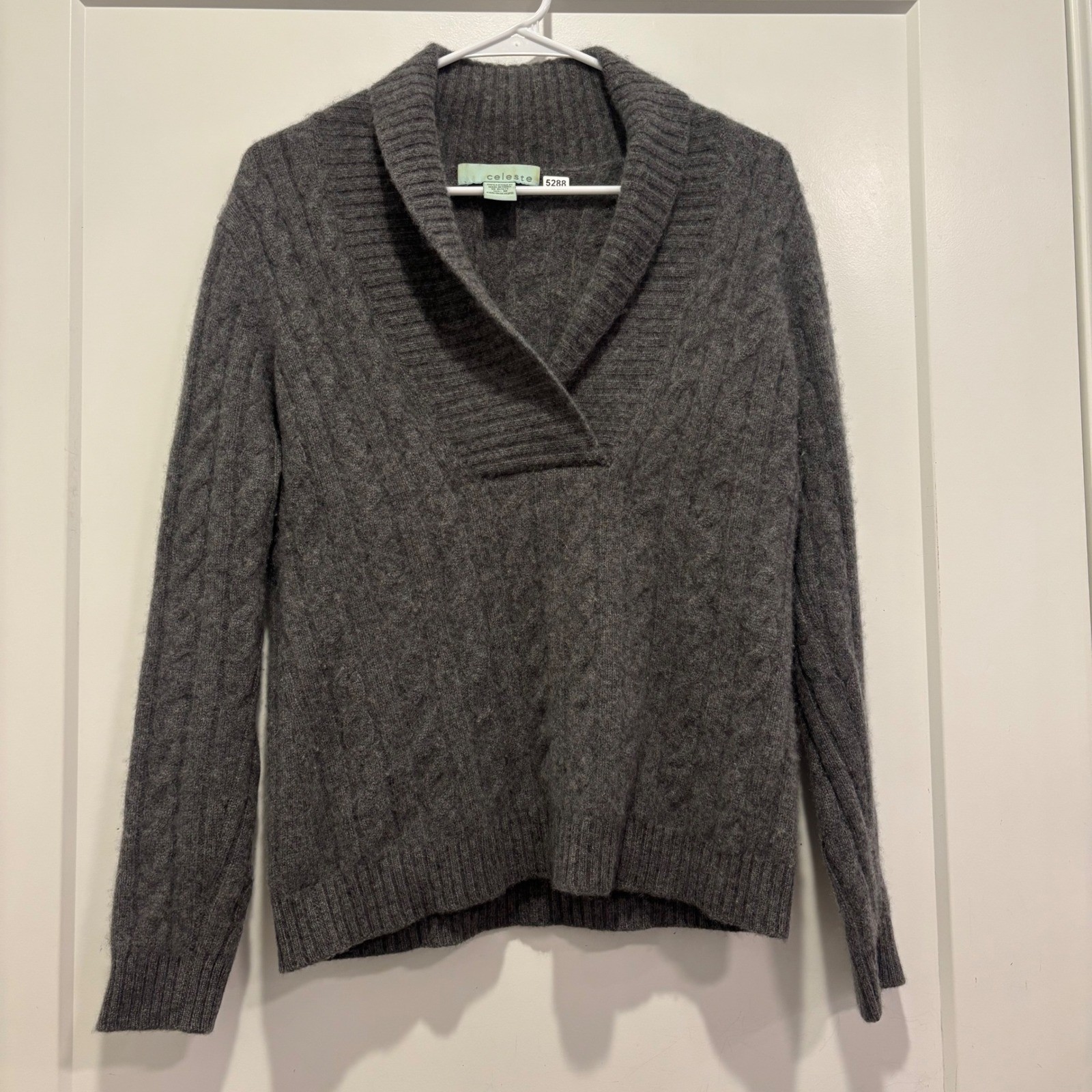 Celeste Womens Cashmere Cable Knit Shawl Collar V-Neck Sweater Gray Size M