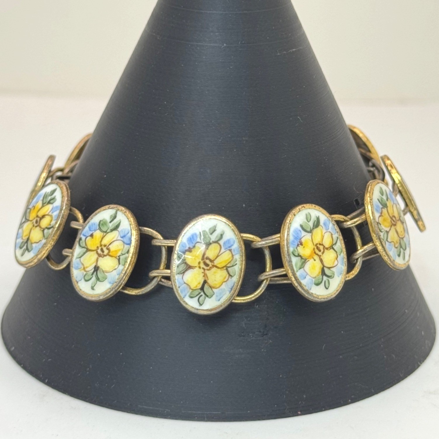 Bliss Brothers Sterling Oval Enamel Tennis Yellow Flowers Rose Bracelet Vintage 