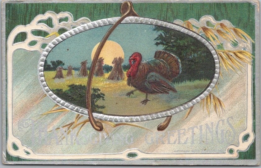 c1910s THANKSGIVING Postcard Turkey / Wishbone / Harvest Field / Full Moon - AMP