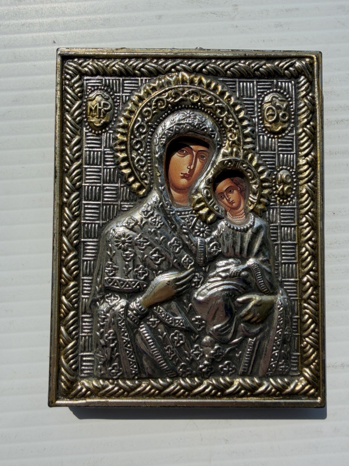 Vintage Religious Icon MARY + BABY JESUS Silver + Gold Tone Metal Made In Greece