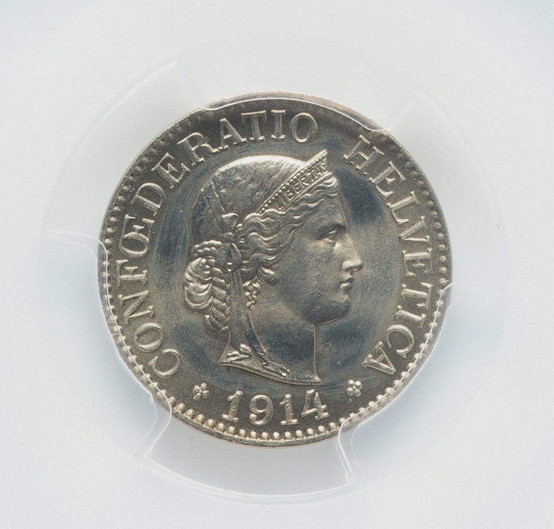 1914 B Switzerland Libertas Liberty 10 Rappen PCGS Mint State 66 Swiss Coin D885