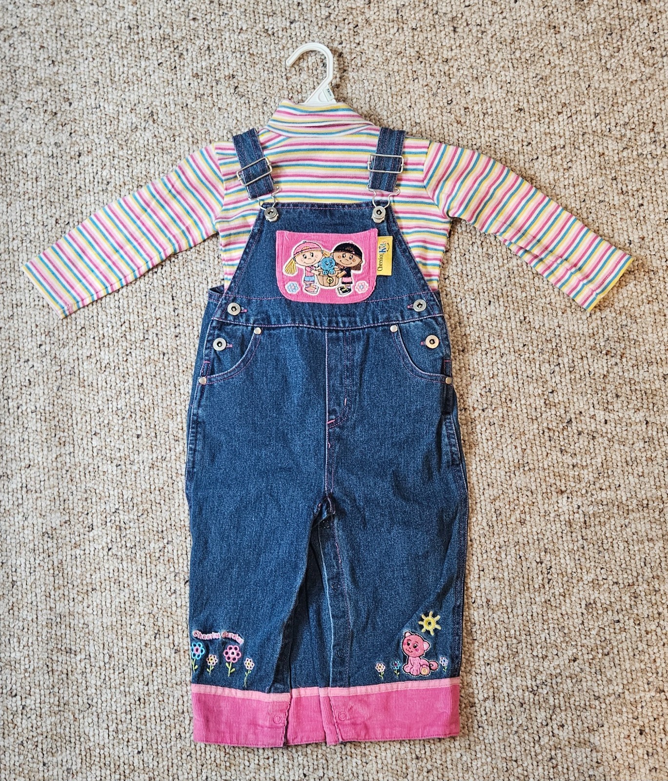 Vintage Cheerios Kids Denim Overalls Striped Turtleneck Set Pink Blue 90s Floral