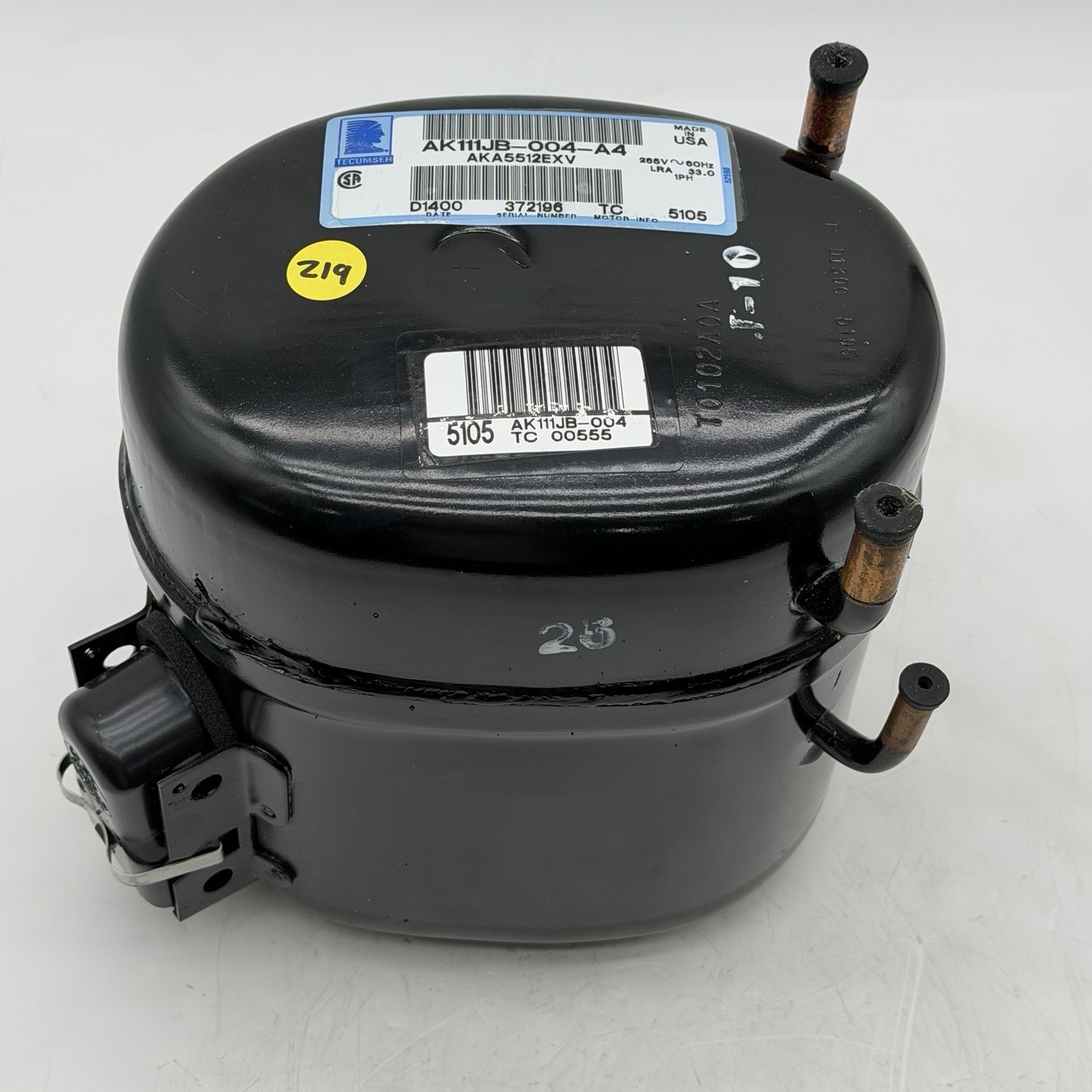 Tecumseh AKA5512EXV / AK111JB-004-A4 R22 1 HP Reciprocating Compressor Tecumseh AKA5512EXV / AK111JB-004-A4 R22 1 HP Reciprocating Compressor