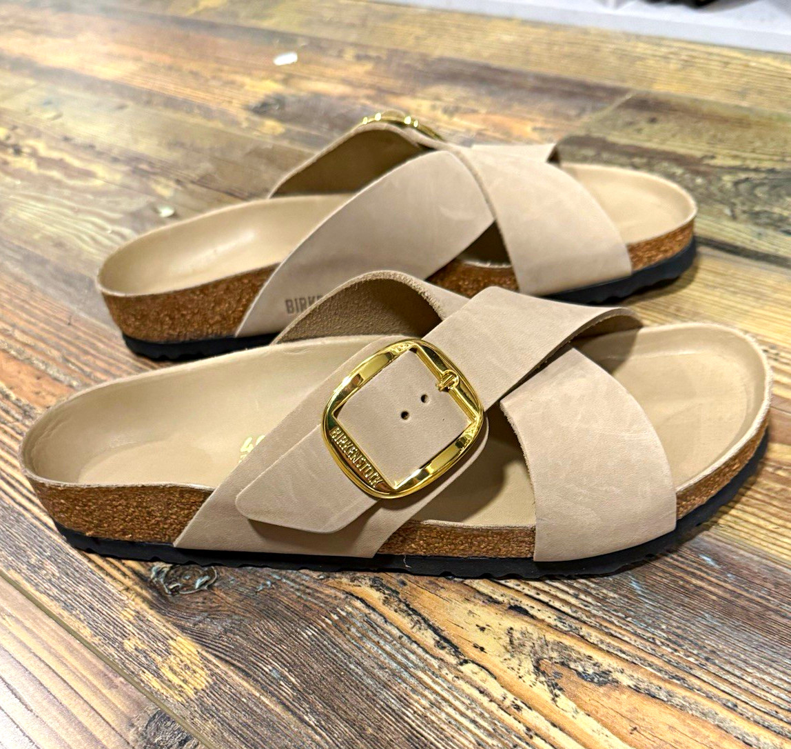 Birkenstock Women\'s Beige Leather Slide Sandals Adjustable Buckle EU 40 US 9