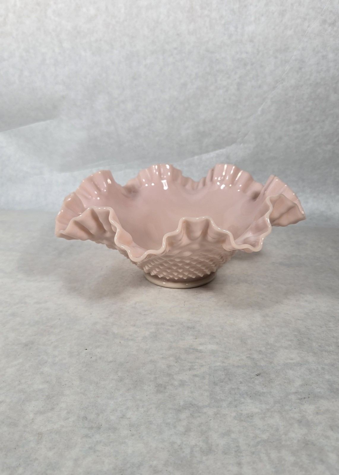 Vintage FENTON Pastel Pink Milk Glass Bowl Hobnail Ruffled Edges 10\
