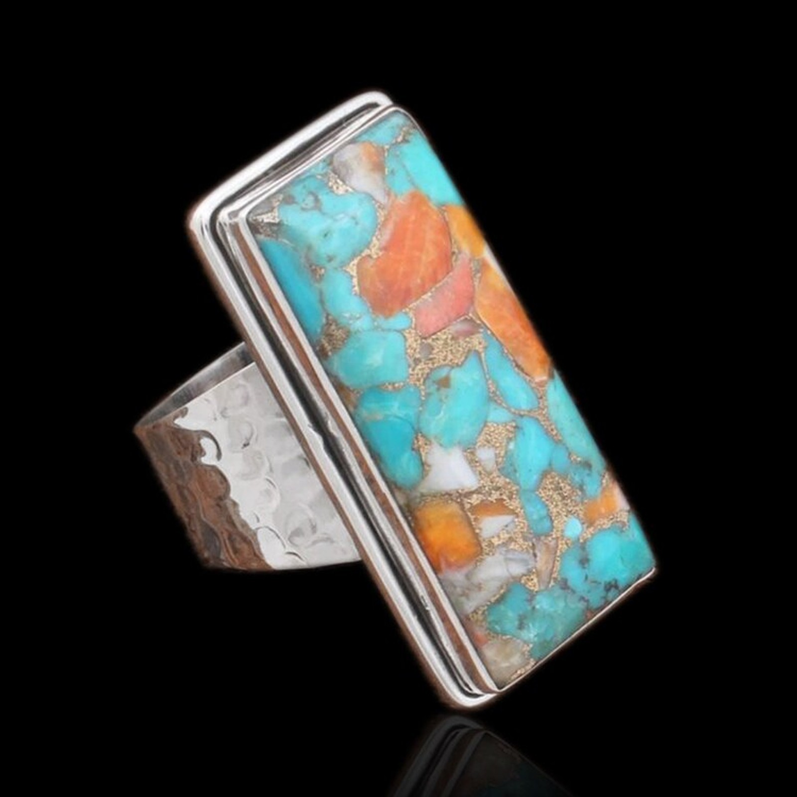 925 Sterling Silver Spiny Oyster Turquoise Ring Rectangle Statement Band 925 Sterling Silver Spiny Oyster Turquoise Ring Rectangle Statement Band