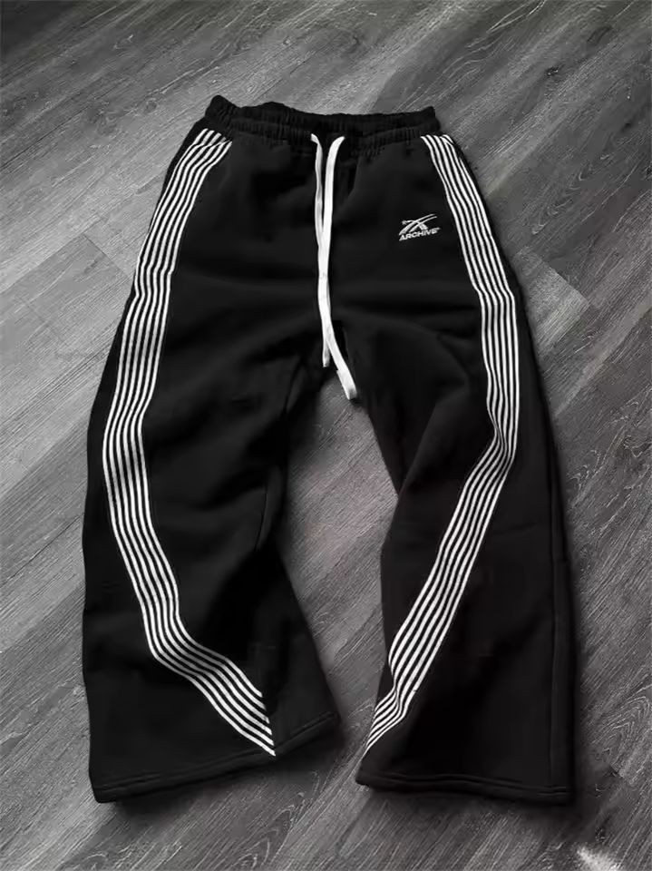 Black Wide Leg Striped Baggy Sweatpants Drawstring Track Pants Streetwear Size L