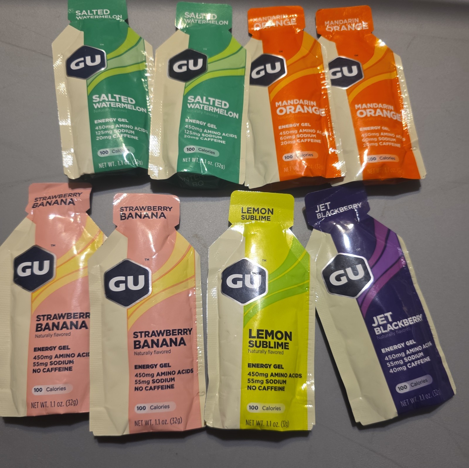 Gu Gel Sample 8 Pack Lot 5 Flavors 1.1 oz Straw Banana, Watermelon, Lemon, Black