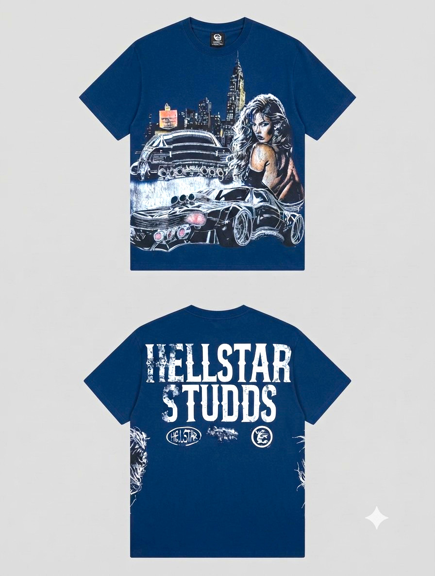 Hellstar Men’s Navy Oversized Muscle Car Graphic T-Shirt Size XL Short Sleeve