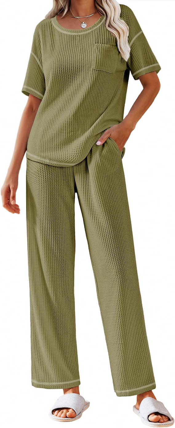 Ekouaer 2 Piece Summer Waffle Knit Lounge Sets For Women Large top and pants