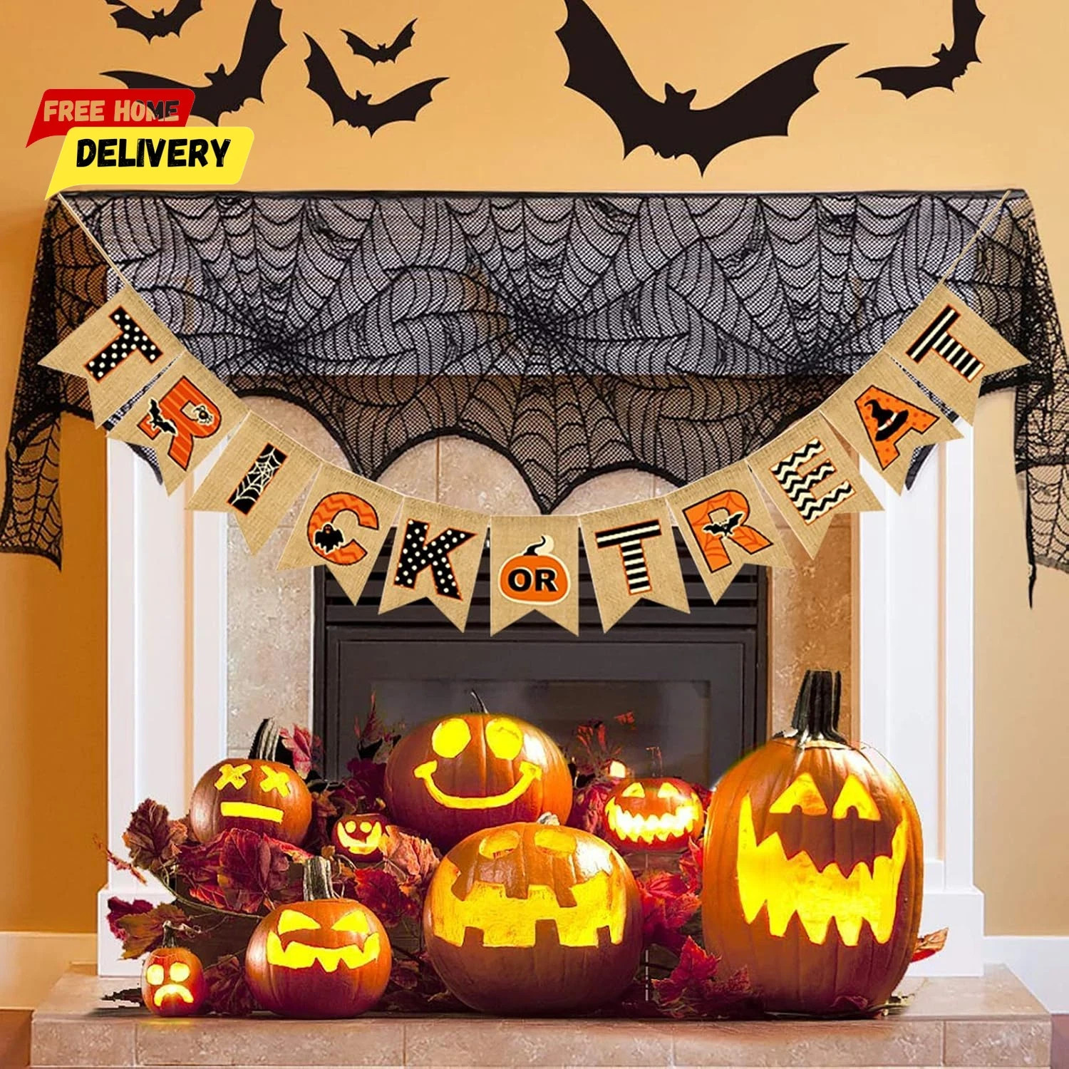 Halloween Banner Happy Trick or Treat Hanging Burlap Banner for Fireplace, 