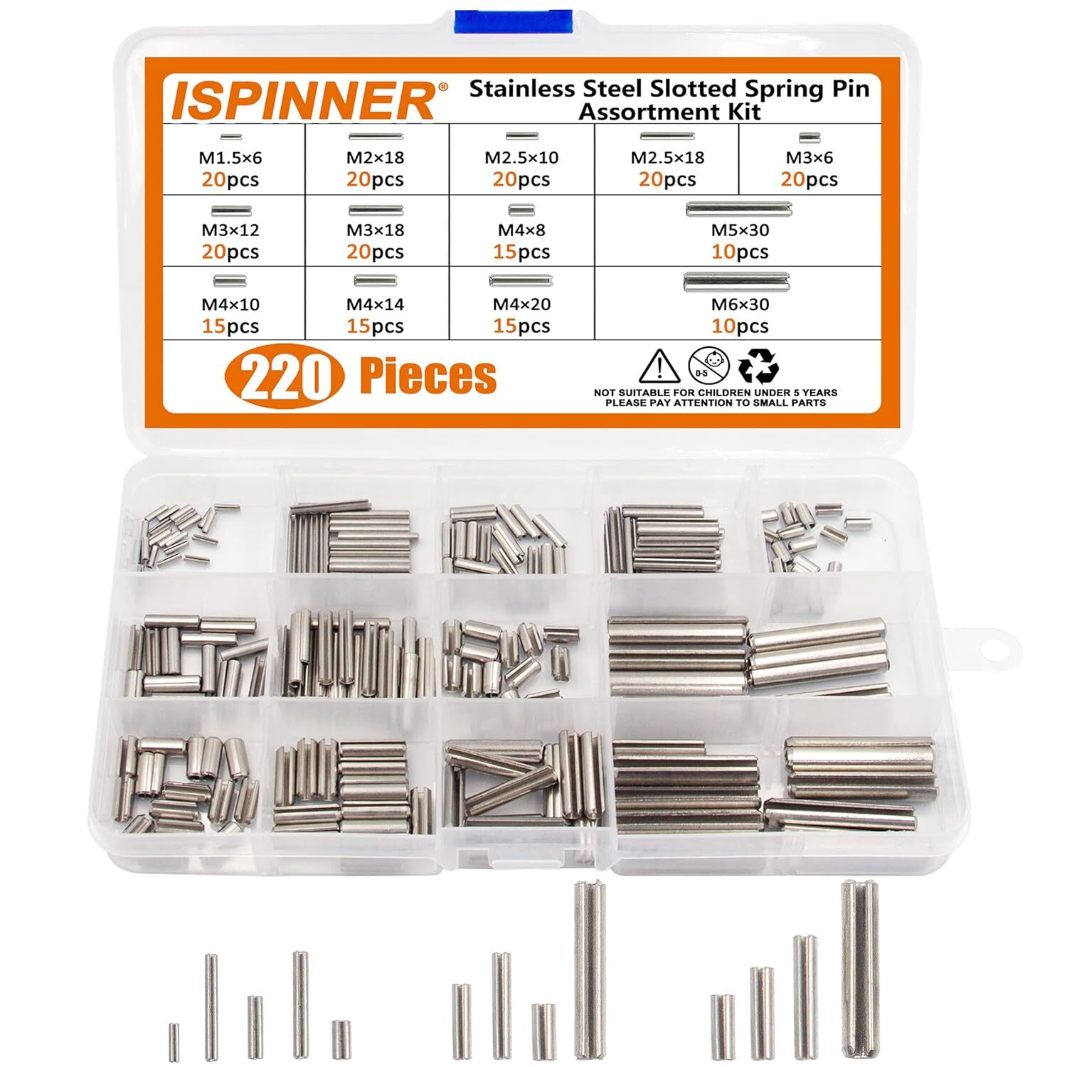 ISPINNER 220Pcs Roll Pin Set, Stainless Steel Slotted Spring Pin Assortment 