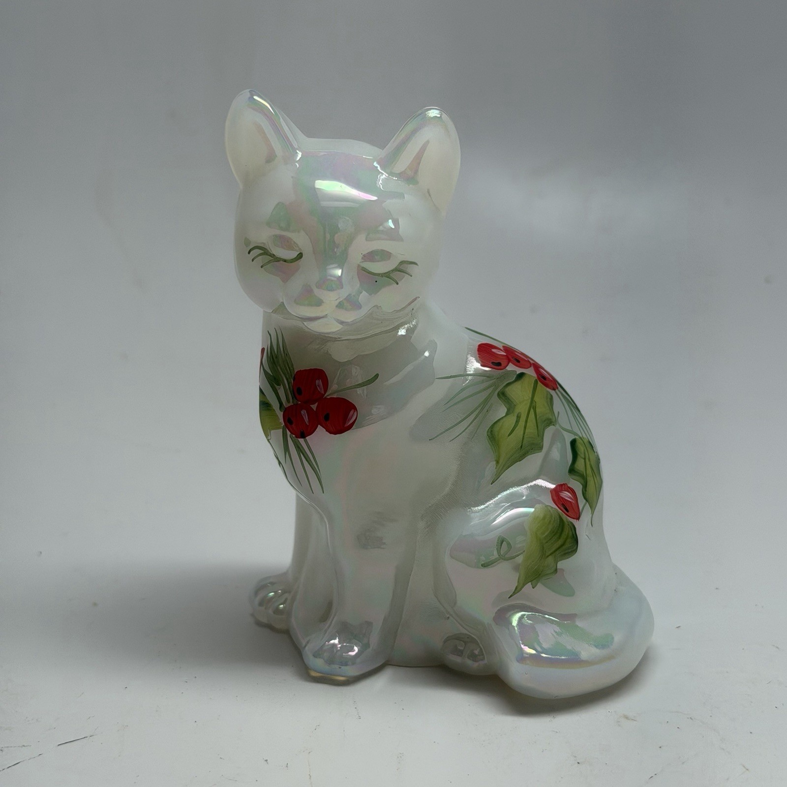 Vintage Fenton Glass White Opalescent Painted Poinsettia Cat Figure- Signed