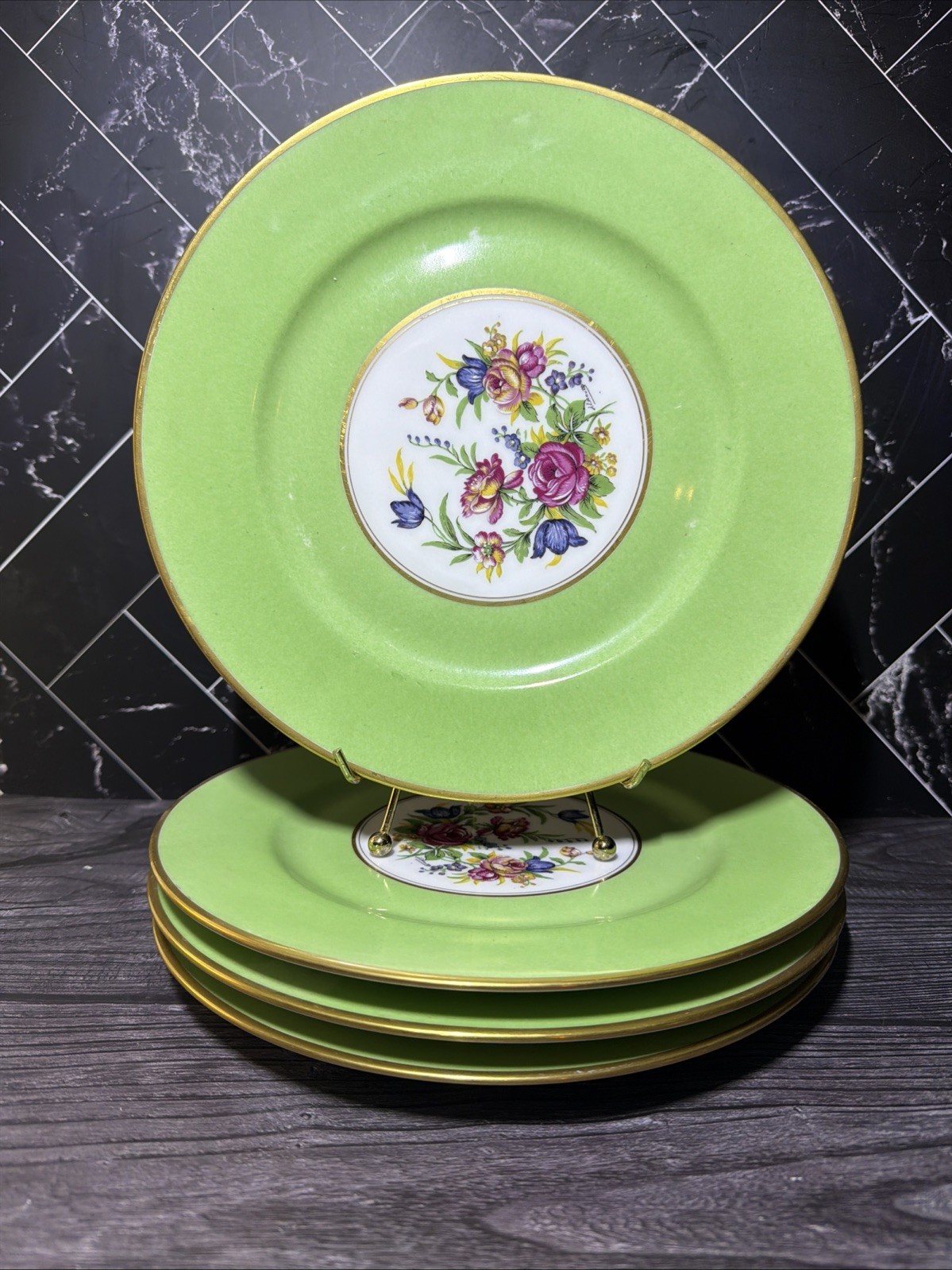 (4) Antique Bernardaud Limoges France Plate Green Border Floral Bouquet 10