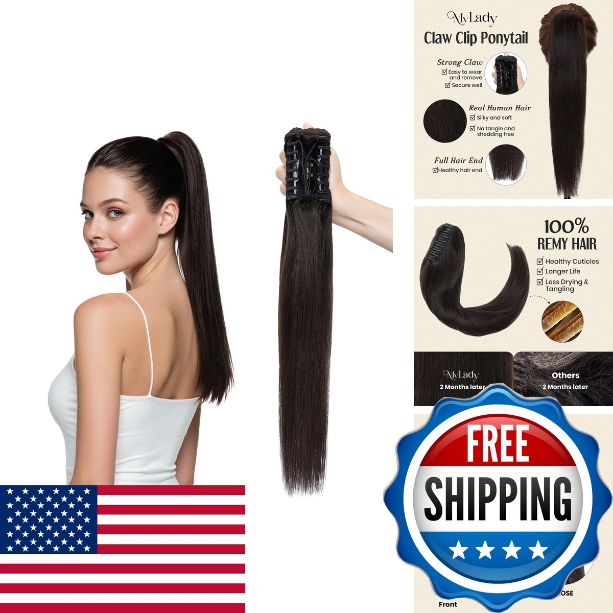 MY-LADY Extension Human Hair Claw Clip In Hair Extension Straight Pony Tail