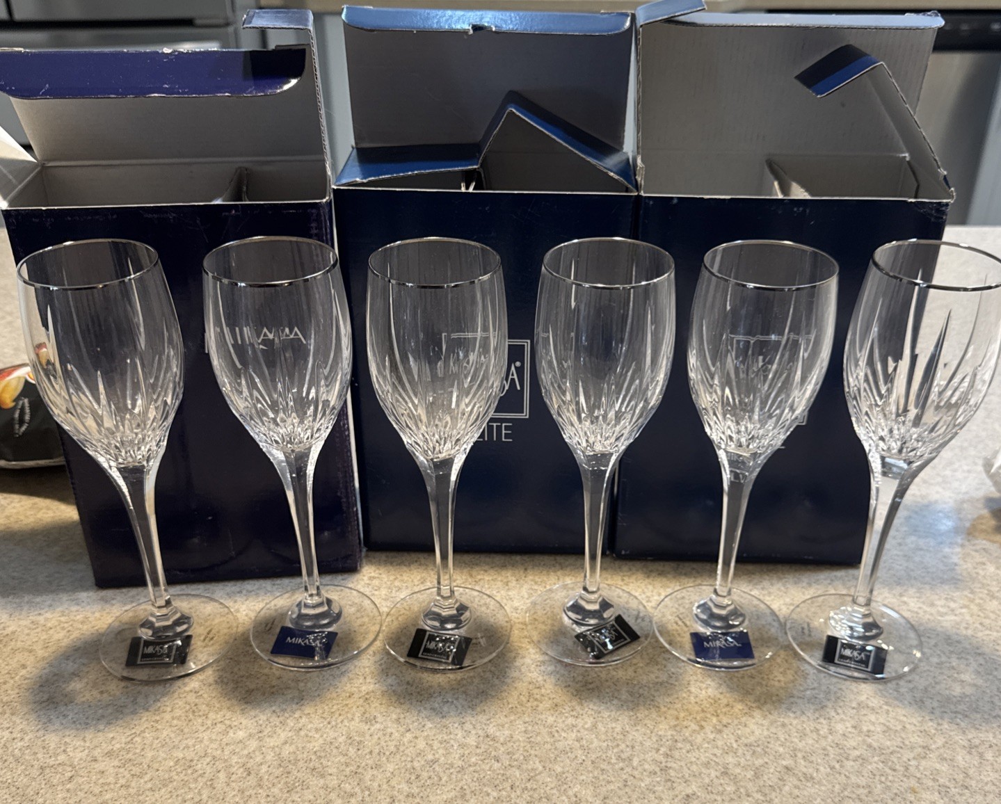 Set of 6 Mikasa Arctic Lights Platinum Crystal Wine Glasses NEW In Boxes