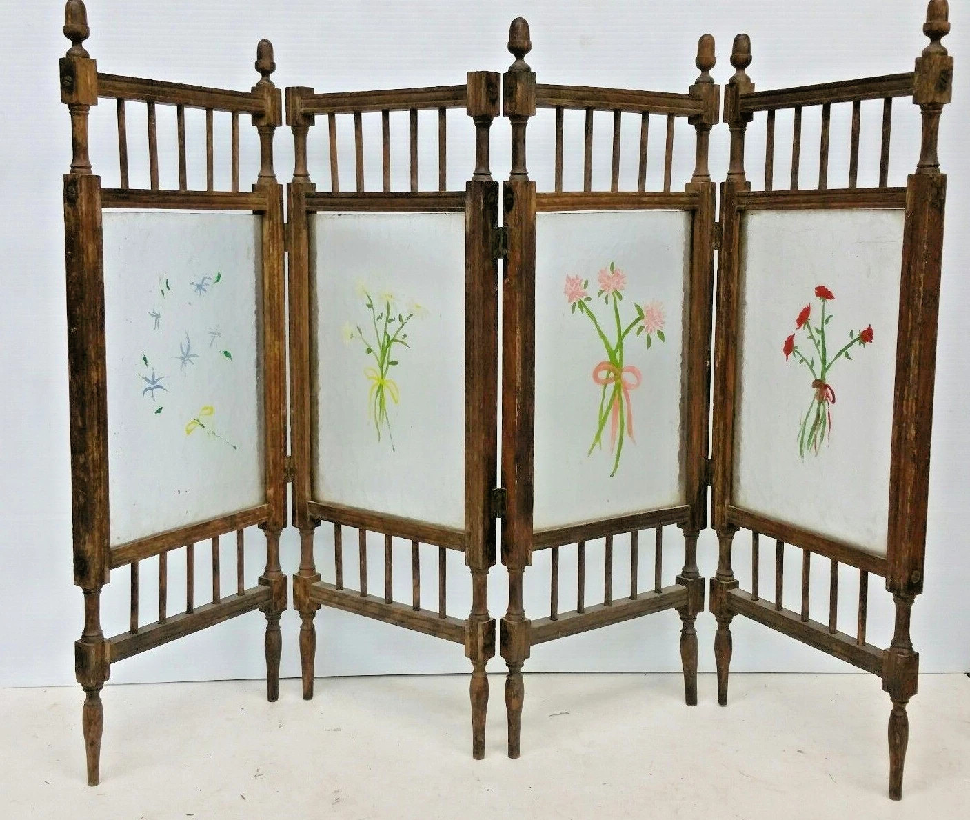 Vintage Chinese Four-Panel Divider Screen Floral Designs 33\'\' x 22 1/4\'\'
