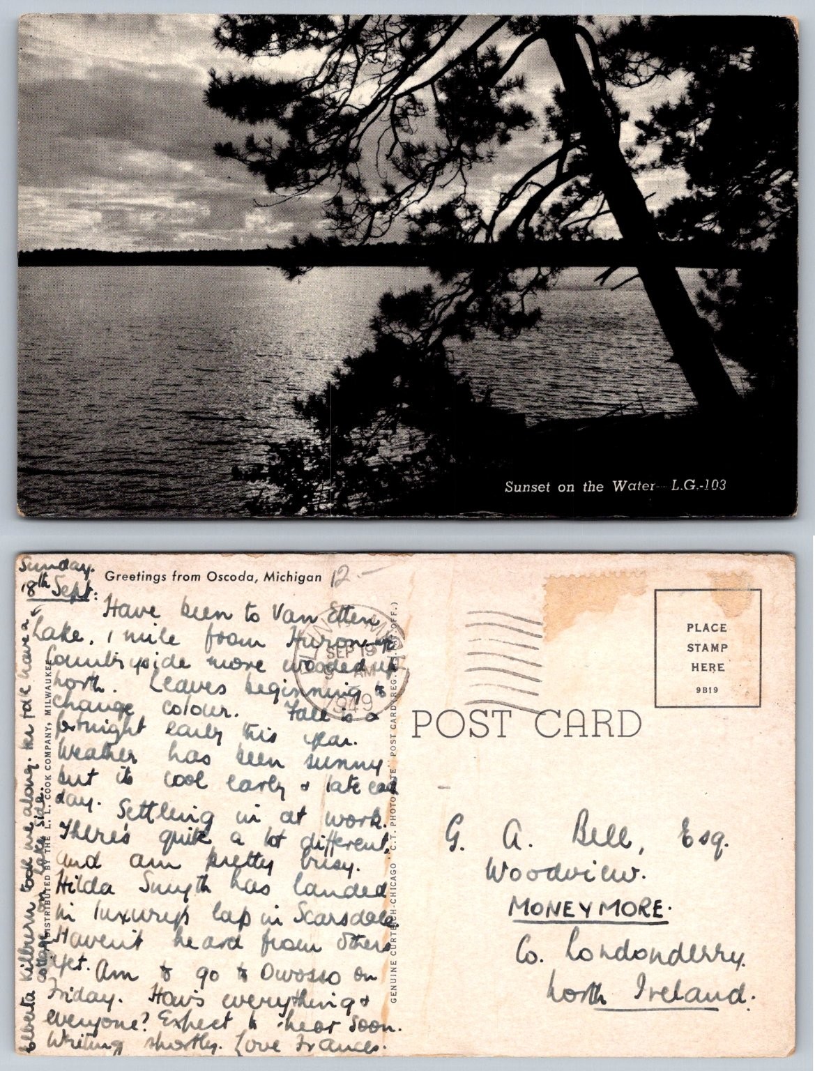 Vintage Oscoda, Michigan Sunset on the Water Postcard 1949 Curteich