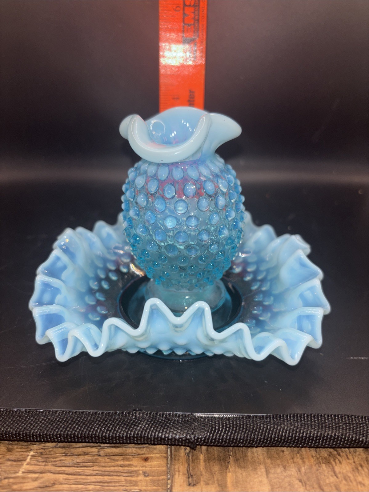 VINTAGE FENTON OPALESCENT BLUE HOBNAIL DOUBLE CRIMPED BON BON DISH & VASE SET
