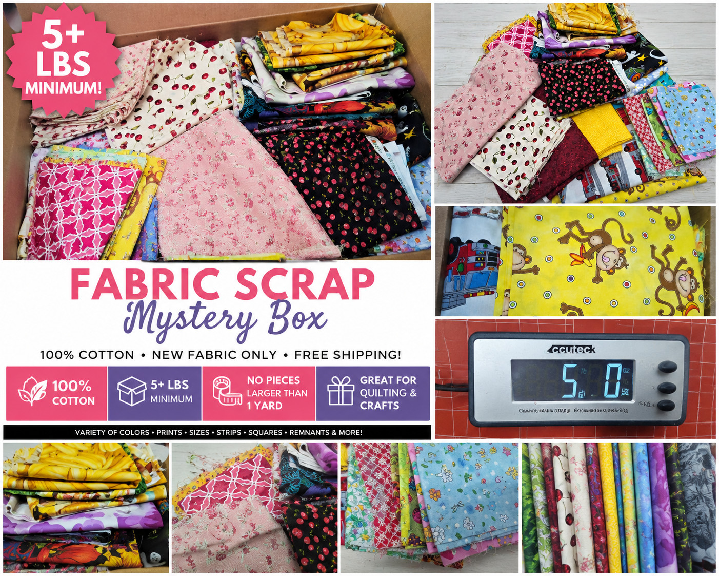 5+ LBS Cotton Fabric Scraps Remnants Quilting Sewing Crafts Suprise Box 100%