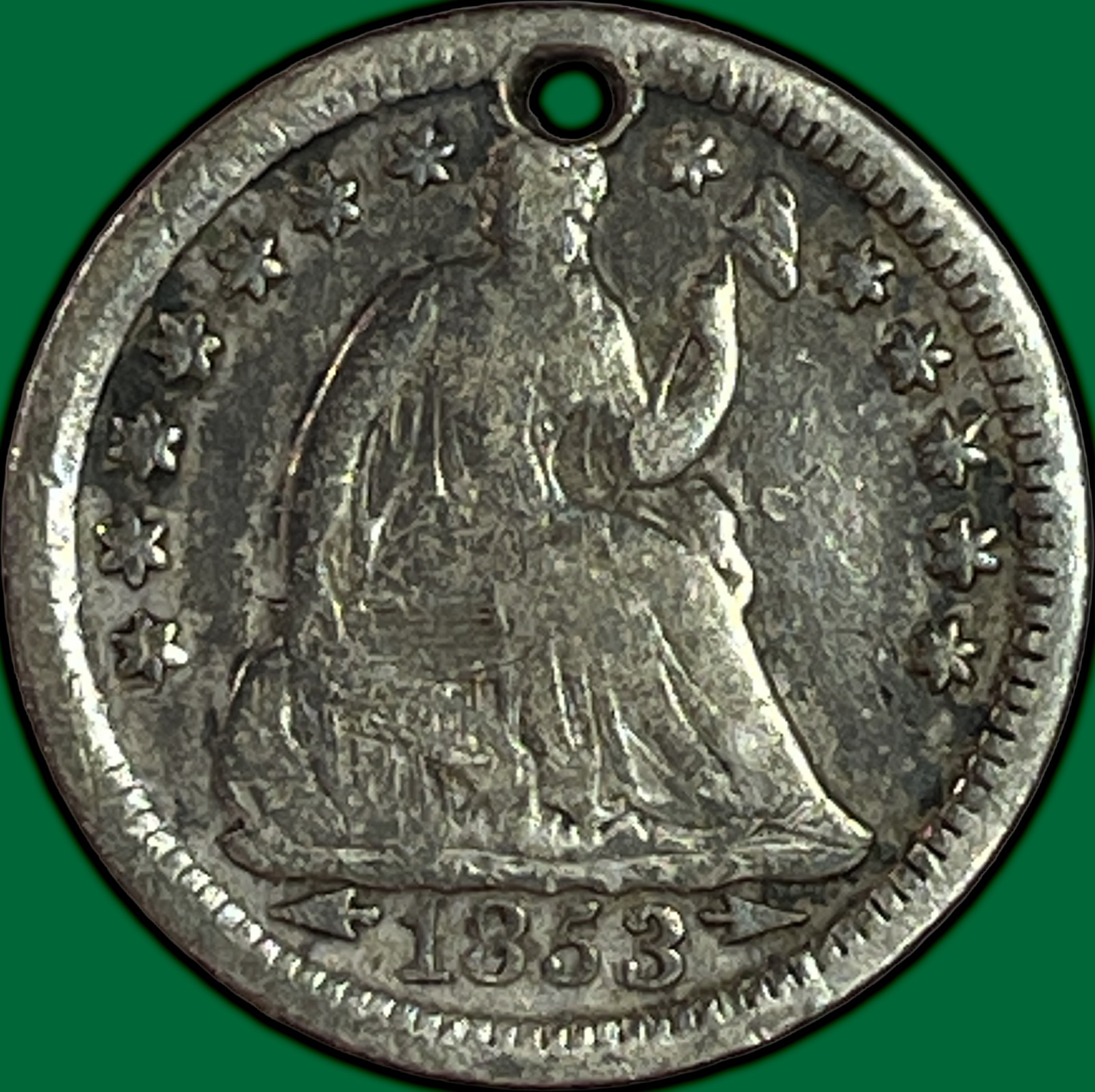 1853-O Arrows Seated Liberty Half Dime Fine F Coin, Holed #48988