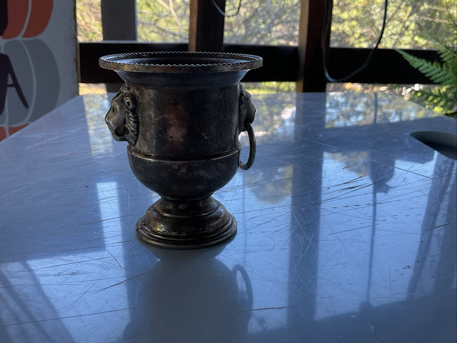 Vintage Viners of Sheffield Silver Plated Mini Urn Vase Lion Head Ring Handles