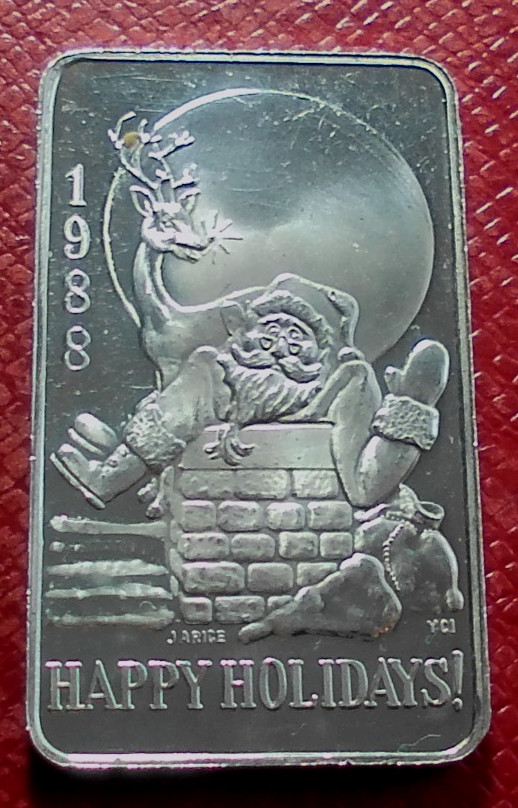 1988 Happy Holidays-Santa in Chimney Bar-Yorkville Coin 1 Troy oz.999 Silver-A