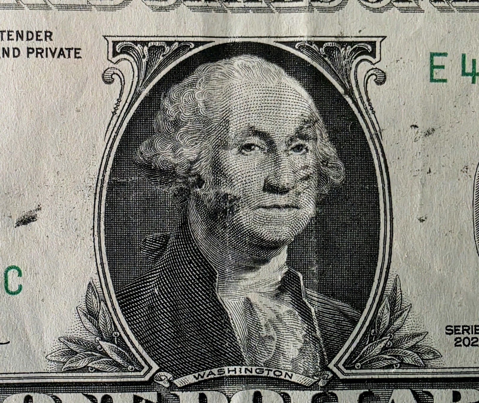 1046-Fancy Error-2021 $1 Bill-Face Portrait Wet Ink Transfer-Choice VF