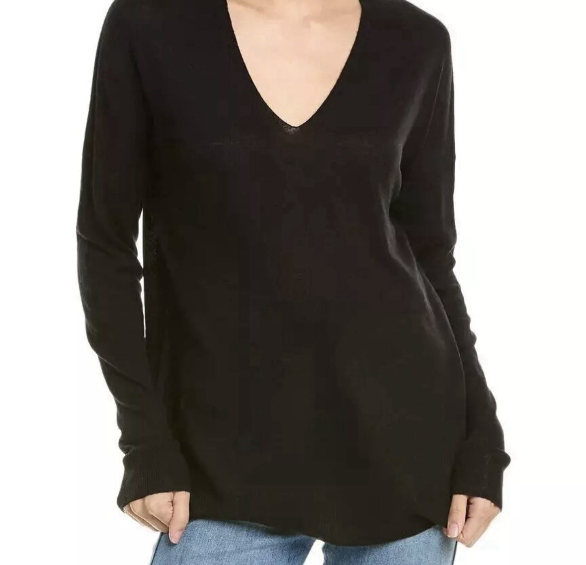 Vince S Small Wool Cashmere Tunic V-neck Sweater Ultra Fine Knit Black Drop