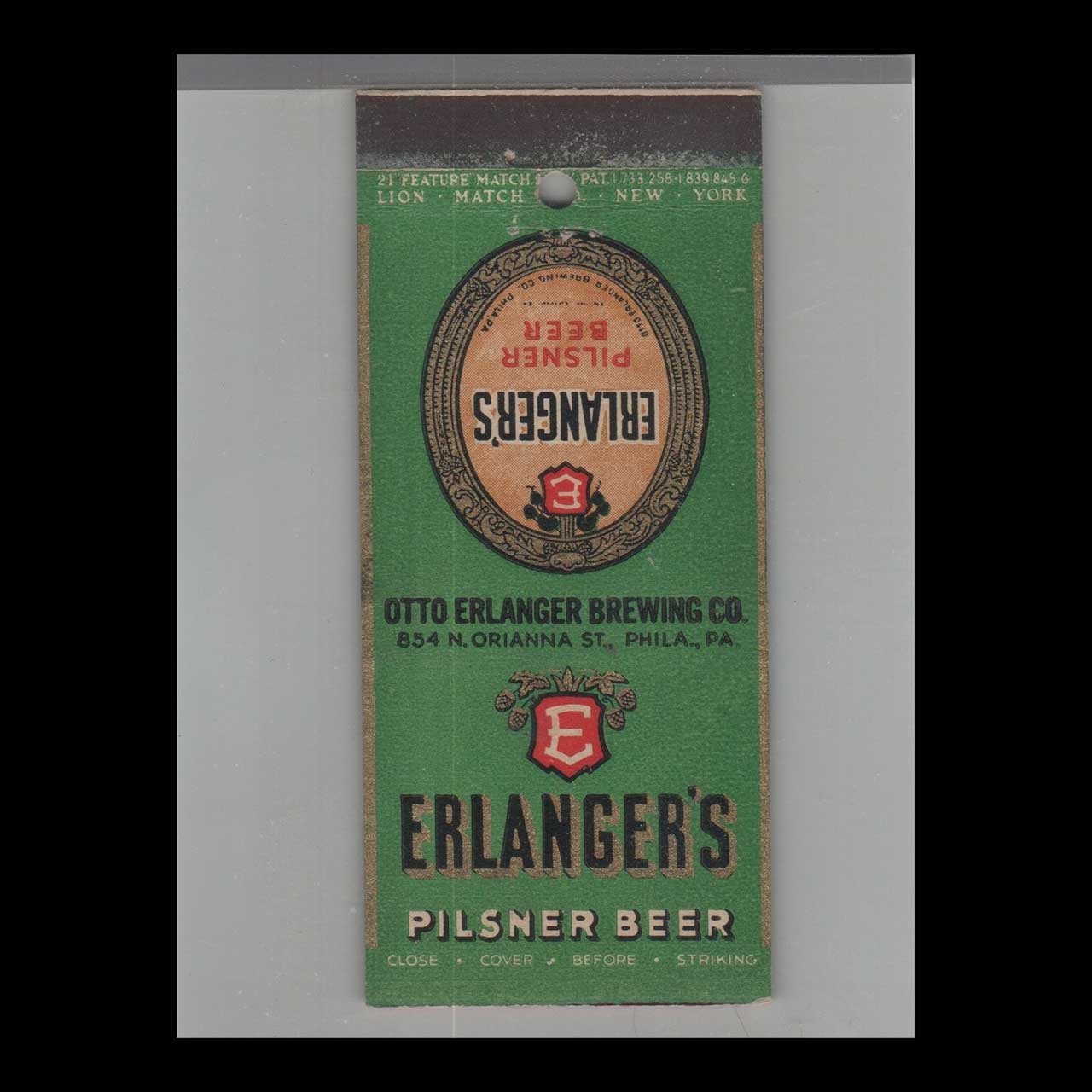 Matchbook Cover - Stripped Feature Erlanger\'s Pilsner Beer Philadelphia, PA