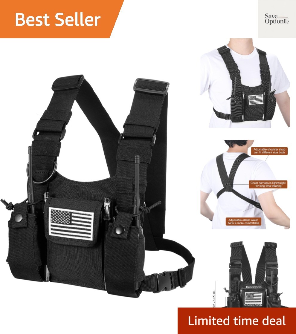 Adjustable Utility Chest Bag for Walkie Talkie with Front Pocket & Flag Patch Adjustable Utility Chest Bag for Walkie Talkie with Front Pocket & Flag Patch