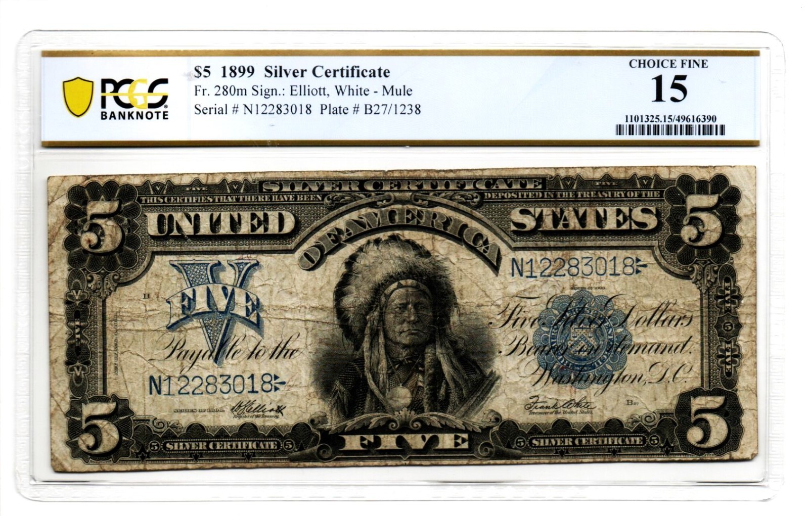 Fr. 280m 1899 $5 Silver Certificate Mule Note Elliott /White PCGS Choice Fine 15