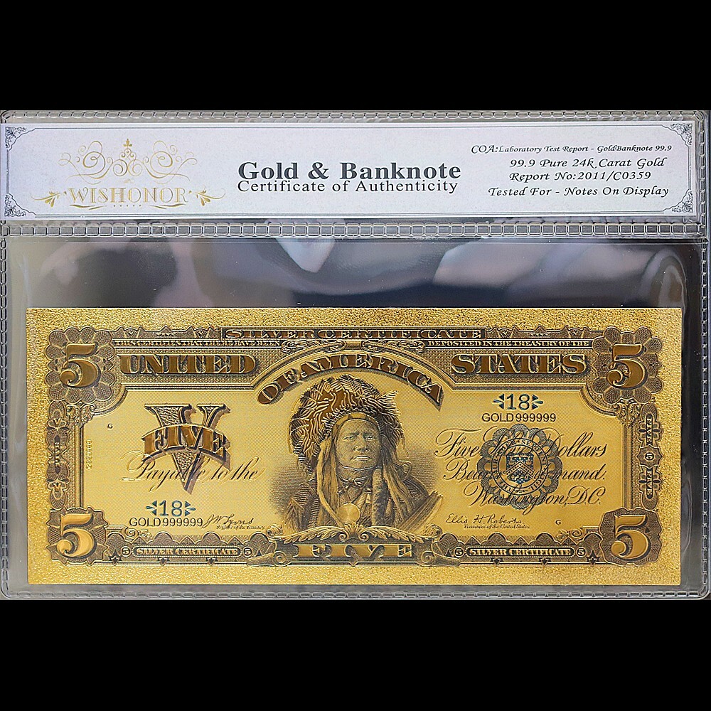 Gold 1899 $5 Five Dollars Banknote Collectible with Bag & Certificate Gold 1899 $5 Five Dollars Banknote Collectible with Bag & Certificate