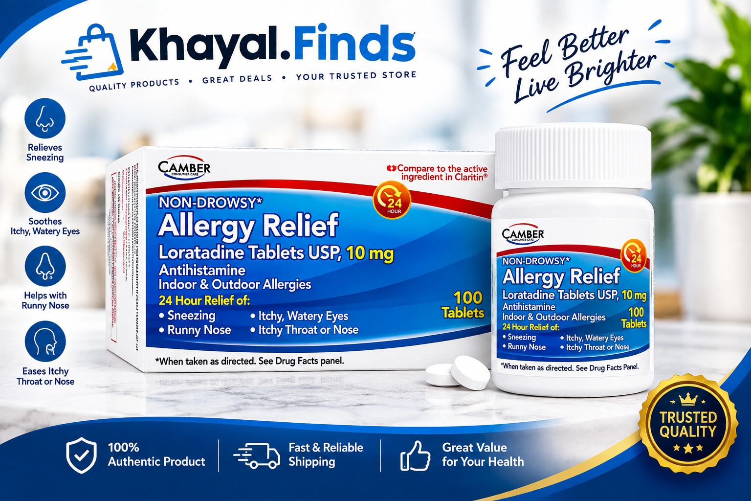Loratadine 10mg Allergy Relief Tablets 24 Hour Non-Drowsy Antihistamine 100 Ct