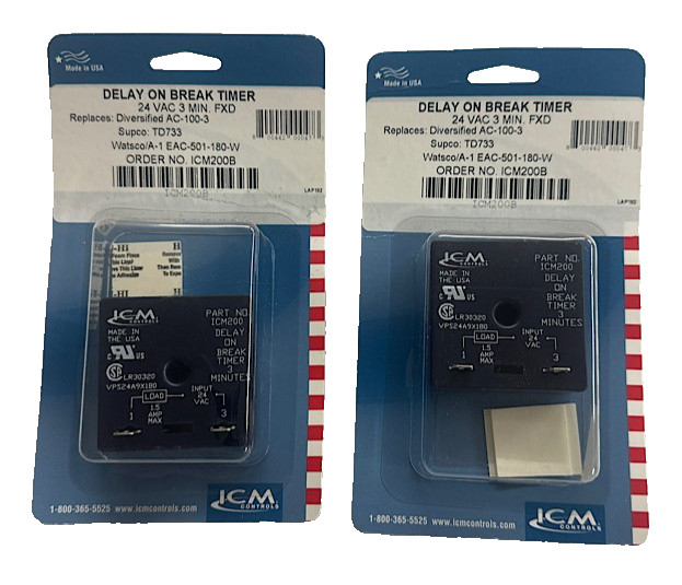 PACK OF 2 - ICM200 NEW OEM Delay on Break Timer 3 Minute Fixed Time Delay Relay PACK OF 2 - ICM200 NEW OEM Delay on Break Timer 3 Minute Fixed Time Delay Relay