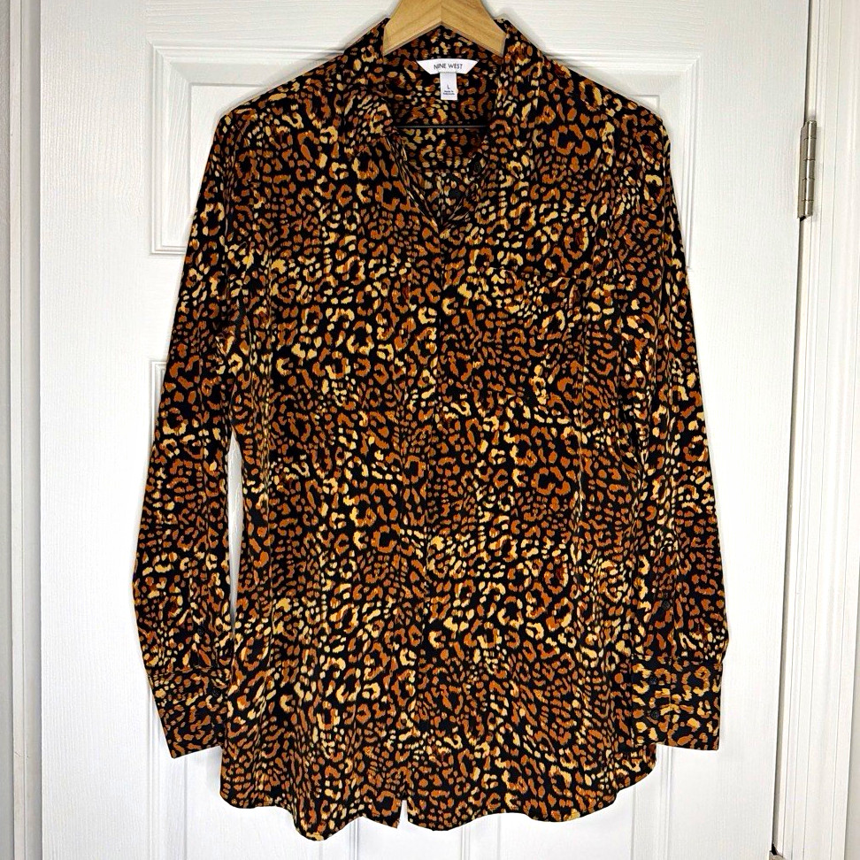 NWOT Nine West Women’s Leopard Animal Print Button-Front Shirt Black L NWOT Nine West Women’s Leopard Animal Print Button-Front Shirt Black L