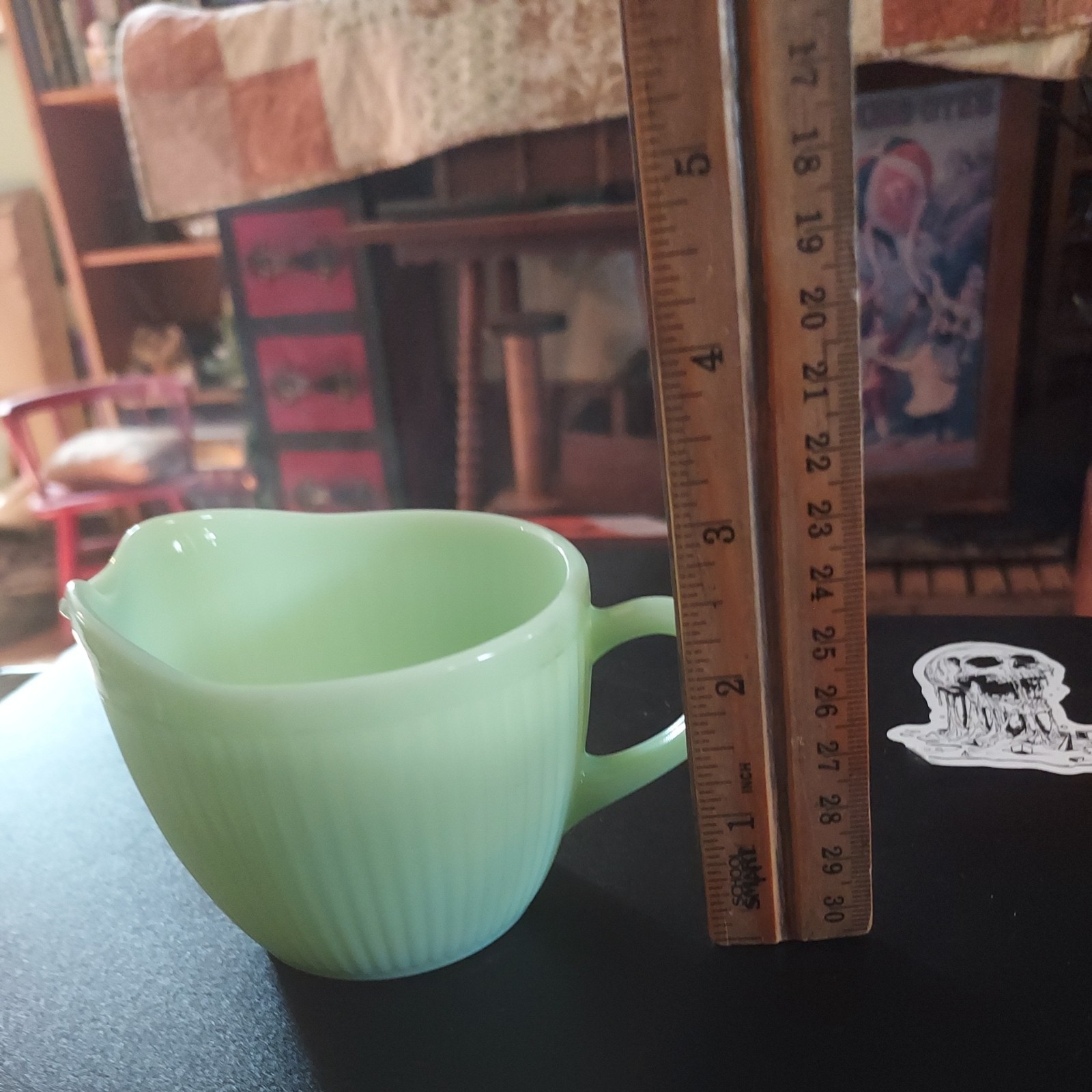 CREAMER Vintage FIRE KING oven glass: JADE-ITE green: JANE RAY pattern: EXC CREAMER Vintage FIRE KING oven glass: JADE-ITE green: JANE RAY pattern: EXC