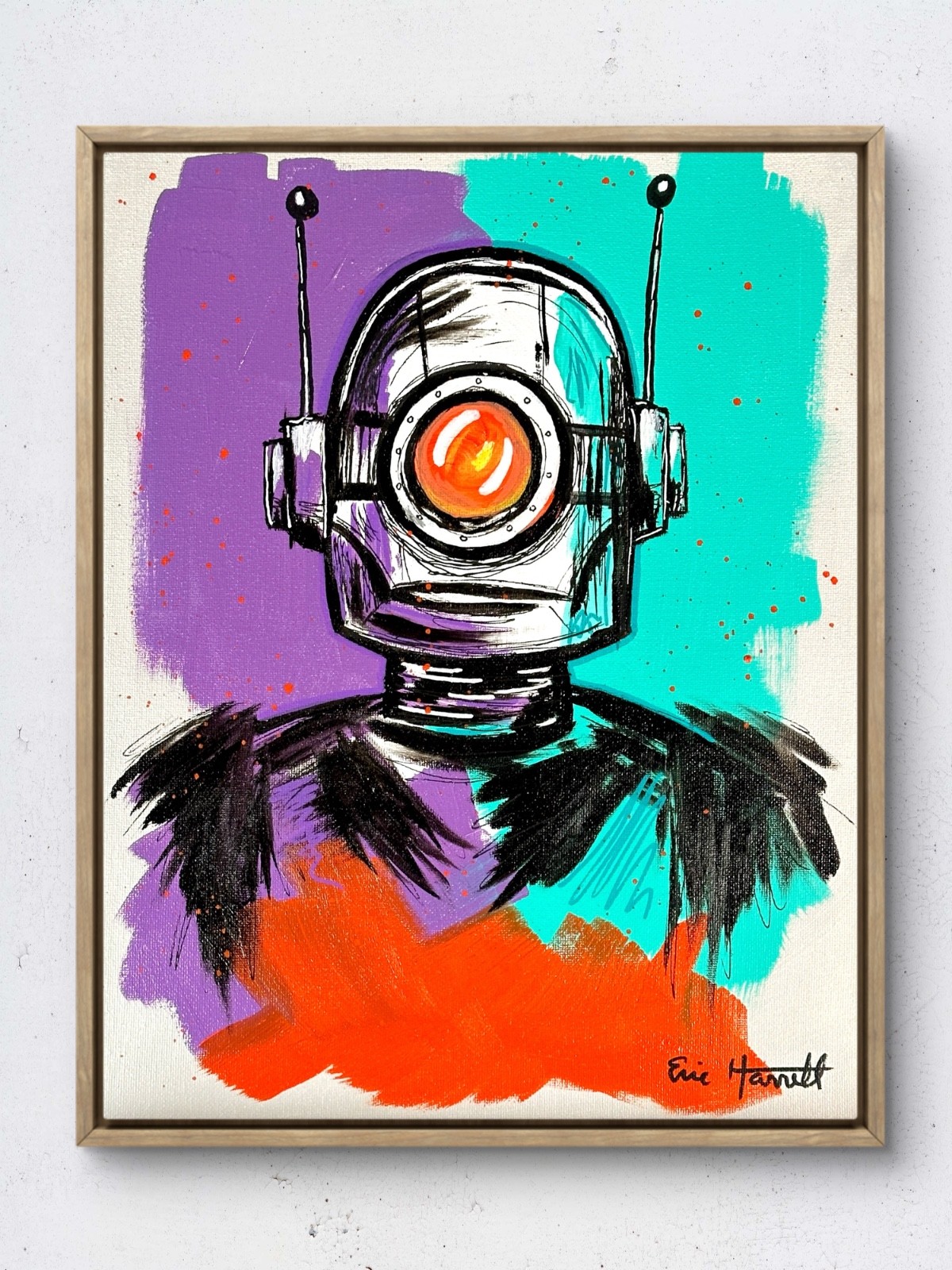 Original 14x11 Expressionist Colorful Robot Portrait Painting Signed Canvas Art