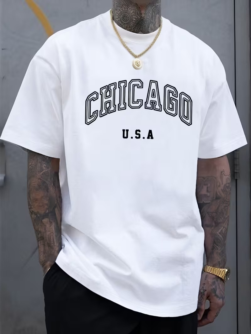 Men's Chicago U.S.A. Letter Print Casual T-Shirt - Lightweight, Breathable Polye