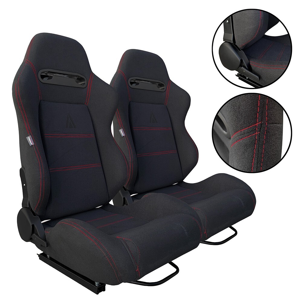2 X TANAKA BLACK CLOTH + RED STITCH RACING SEATS RECLINABLE w/ SLIDER FOR HONDA