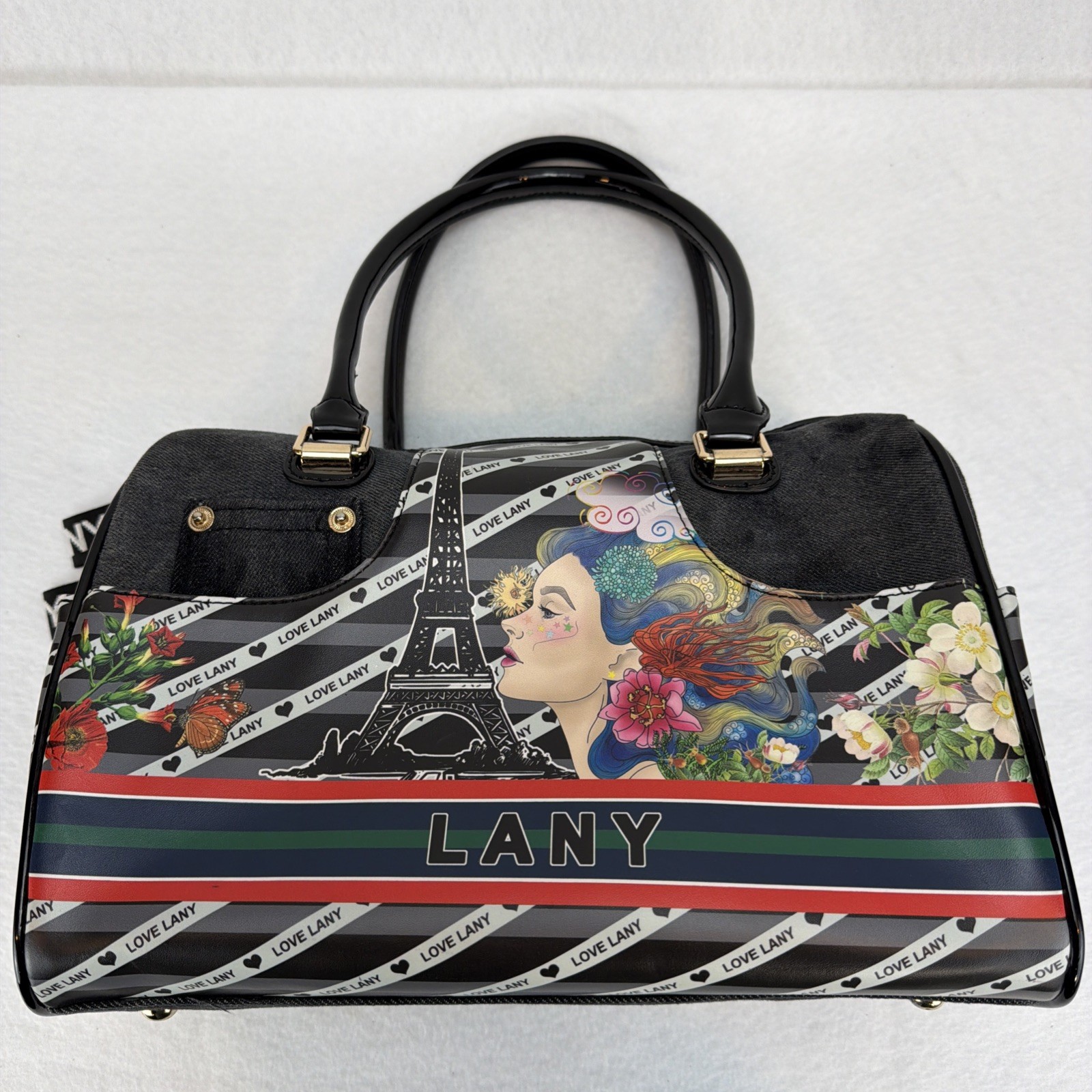 Lany bag with Paris theme Hand Bag Purse Black Satchel Bag Multi Pocket 14” W