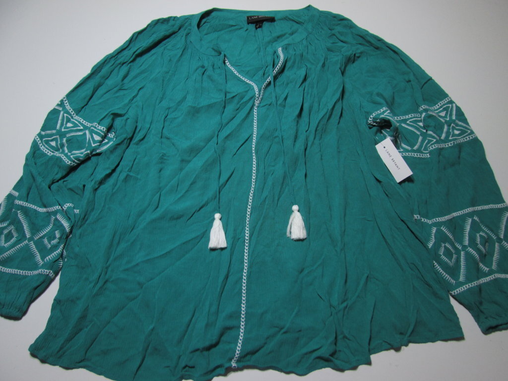 NWT Lane Bryant Women Size 20 V-Neck Shirt Teal Long Sleeve Tasseled Embroidered NWT Lane Bryant Women Size 20 V-Neck Shirt Teal Long Sleeve Tasseled Embroidered