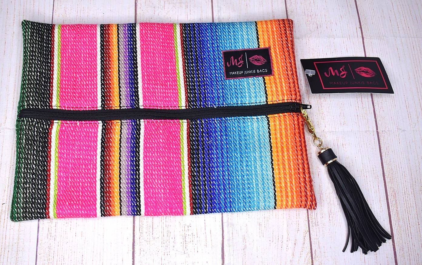 MJ Makeup Junkie Stripe Bags Cosmetic Medium Cotton Fabric Bag Black Tassel NEW