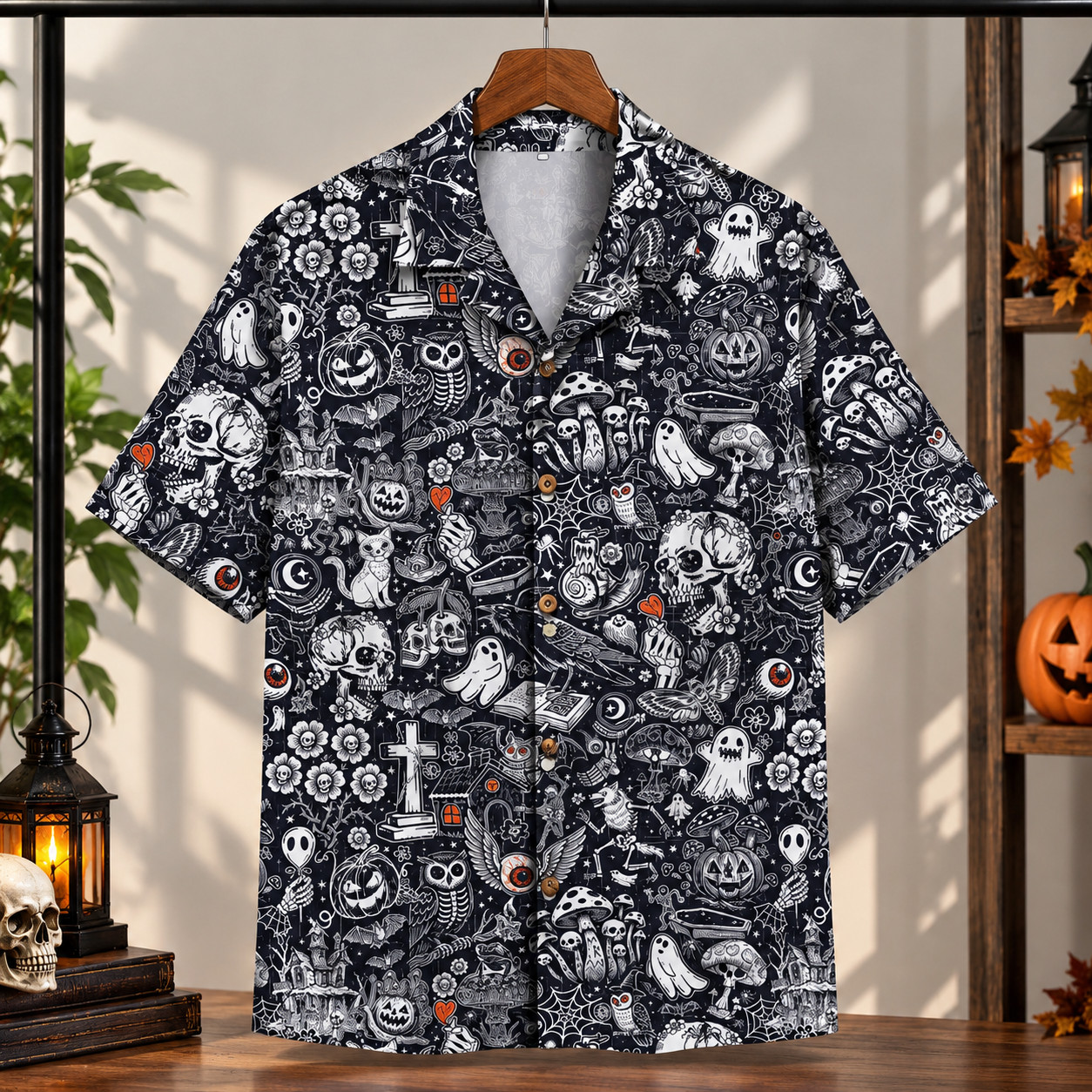 Men's Halloween Hawaiian Shirt Vintage Ghost, Pumpkin Skull Print