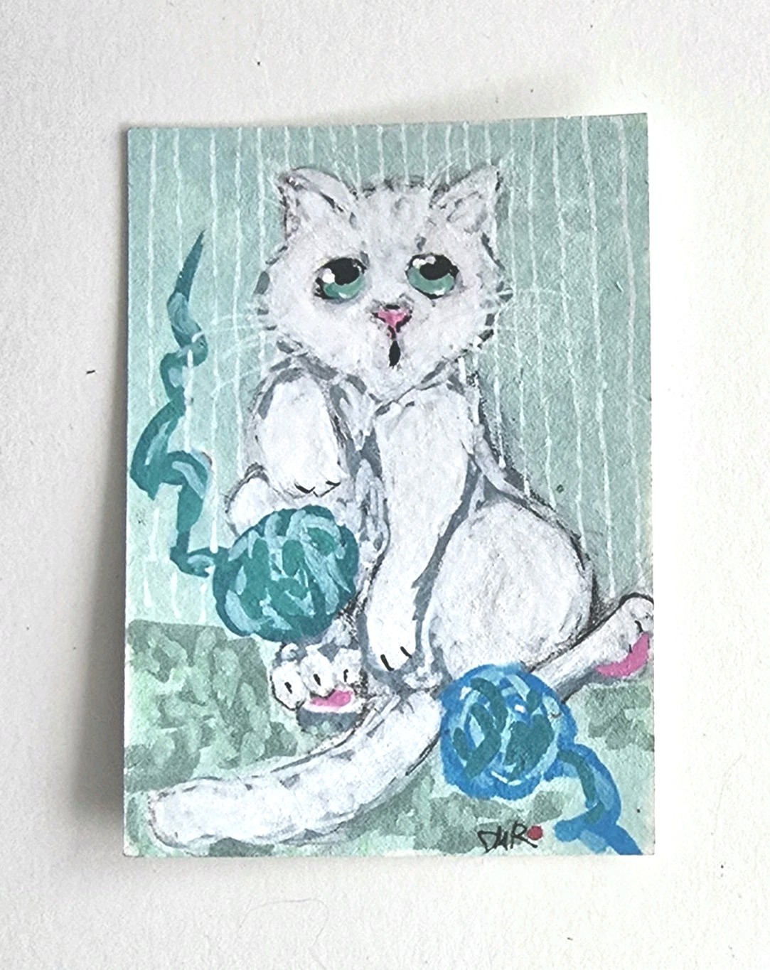 Original ACEO White Cat Yarn Play Adventure Whimsical Dulce Maria Rico