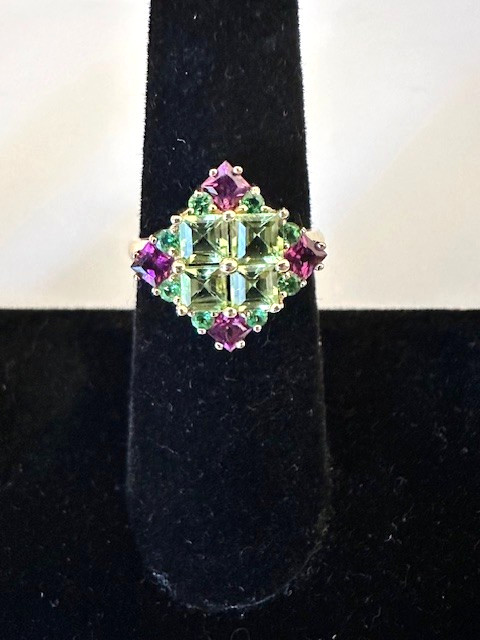 Estate 10K Yellow Gold Multi-Gem Peridot  & Tourmaline Cocktail Ring