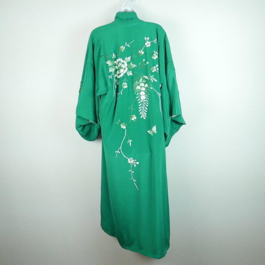 Vintage 100% Silk Kimono Robe Japan Green Floral Embroidered  Boho Lounge Glam