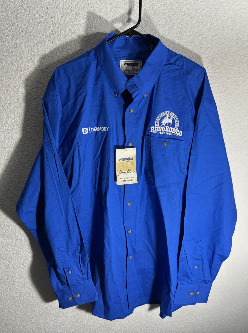 NWT Wrangler Shirt Reno Rodeo Embroidered Cowboy Logo Competition Mens XL Blue