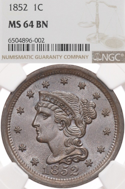1852 1C NGC MS64 BN Braided Hair Large Cent Copper - Great Luster
